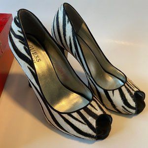 GUESS Zebra Patterned Pony Hair Peep Toe Heels